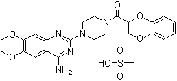 CAS # 77883-43-3, Doxazosin mesylate, 1-(4-Amino-6,7-dimethoxy-2-quinazolinyl)-4-(1,4-benzodioxan-2-ylcarbonyl) piperazine methanesulfonate