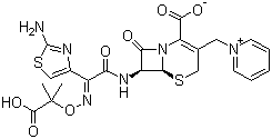 CAS 登录号：78439-06-2, 头孢他啶, (6R,7R)-7-[[(2Z)-2-(2-氨基-1,3-噻唑-4-基)-2-(1-羟基-2-甲基-1-氧代丙烷-2-基)氧亚氨乙酰]氨基]-8-氧代-3-(吡啶-1-鎓-1-基甲基)-5-硫杂-1-氮杂双环[4.2.0]辛-2-烯-2-甲酸