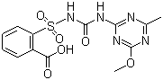 CAS # 79510-48-8, Metsulfuron, 2-(4-methoxy-6-methyl-1,3,5-triazin-2-ylcarbamoylsulfamoyl)benzoic acid, 2-[[[[(4-methoxy-6-methyl-1,3,5-triazin-2-yl)amino]carbonyl]amino]sulfonyl]benzoic acid