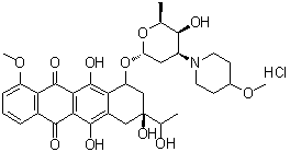 CAS # 79898-08-1, 7,8,9,10-Tetrahydro-6,8,11-trihydroxy-8-(1-hydroxyethyl)-1-methoxy-10-[[2,3,6-trideoxy-3-(4-methoxy-1-piperidinyl)-alpha-L-lyxo-hexopyranosyl]oxy]-5,12-naphthacenedione hydrochloride