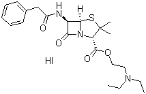 CAS # 808-71-9, Penethacillin hydriodide, Penicillin G 2-(diethylamino)ethyl ester hydriodide, (2S,5R,6R)-3,3-Dimethyl-7-oxo-6-[(phenylacetyl)amino]-4-thia-1-azabicyclo[3.2.0]heptane-2-carboxylic acid 2-(diethylamino)ethyl ester hydriodide