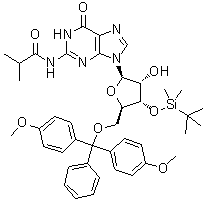 structure of CAS# 81256-89-5, 5'-O-[双(4-甲氧基苯基)苯基甲基]-3'-O-[(1,1-二甲基乙基)二甲基硅烷基]-N-(2-甲基-1-氧代丙基)鸟苷
