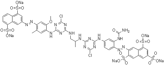 CAS # 82522-68-7, 7-[[2-[(Aminocarbonyl)amino]-4-[[4-chloro-6-[[2-[[4-chloro-6-[[4-[(4,8-disulfo-2-naphthalenyl)azo]-2-methoxy-5-methylphenyl]amino]-1,3,5-triazin-2-yl]amino]-1-methylethyl]amino]-1,3,5-triazin-2-yl]amino]phenyl]azo]-1,3,6-naphthalenetrisulfonic acid pentasodium salt