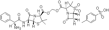 CAS # 83105-70-8, Sultamicillin tosilate, [[[(2S,5R)-3,3-Dimethyl-4,4-dioxido-7-oxo-4-thia-1-azabicyclo[3.2.0]hept-2-yl]carbonyl]oxy]methyl (2S,5R,6R)-6-[[(2R)-Aminophenylacetyl]amino]-3,3-dimethyl-7-oxo-4-thia-1-azabicyclo[3.2.0]heptane-2-carboxylate monotosylate