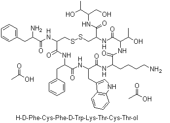 CAS # 83150-76-9, Octreotide acetate, [R-(R*,R*)]-D-Phenylalanyl-L-cysteinyl-L-phenylalanyl-D-tryptophyl-L-lysyl-L-threonyl-N-[2-hydroxy-1-(hydroxy-methyl)propyl]-cysteinamide cyclic(2->7)-disulfide