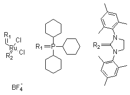 structure of CAS# 832146-68-6, [1,3-双(2,4,6-三甲基苯基)-2-咪唑烷亚基][(三环己基膦亚基)甲基]二氯化钌四氟硼酸盐