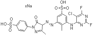 CAS 登录号：83400-22-0, 3-[(5-氯-2,6-二氟-4-嘧啶基)氨基]-5-[[4,5-二氢-3-甲基-5-氧代-1-(4-磺基苯基)-1H-吡唑-4-基]偶氮]-4-甲基苯磺酸钠盐