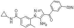 CAS # 836683-15-9, Acumapimod, 3-[5-Amino-4-(3-cyanobenzoyl)-1H-pyrazol-1-yl]-N-cyclopropyl-4-methylbenzamide, 3-[5-Amino-4-(3-cyanobenzoyl)pyrazol-1-yl]-N-cyclopropyl-4-methylbenzamide