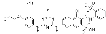 CAS # 83763-59-1, 7-[[4-Fluoro-6-[[4-(2-hydroxyethoxy)phenyl]amino]-1,3,5-triazin-2-yl]amino]-4-hydroxy-3-[(2-sulfophenyl)azo]-2-naphthalenesulfonic acid sodium salt