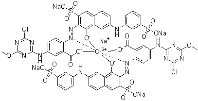 CAS 登录号：83984-90-1, 二[5-[(4-氯-6-甲氧基-1,3,5-三嗪-2-基)氨基]-2-[[1-羟基-3-磺基-7-[(3-磺基苯基)氨基]-2-萘基]偶氮]苯甲酸]铬酸五钠盐