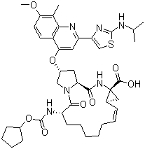 CAS # 849022-30-6, (2R,6S,12Z,13aS,14aR,16aS)-6-[[(Cyclopentyloxy)carbonyl]amino]-1,2,3,6,7,8,9,10,11,13a,14,15,16,16a-tetradecahydro-2-[[7-methoxy-8-methyl-2-[2-[(1-methylethyl)amino]-4-thiazolyl]-4-quinolinyl]oxy]-5,16-dioxocyclopropa[e]pyrrolo[1,2-a][1,4]diazacyclopentadecine-14a(5H)-carboxylic acid