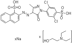 CAS 登录号：84930-03-0, 2-[[1-(2,5-二氯-4-磺基苯基)-4,5-二氢-3-甲基-5-氧代-1H-吡唑-4-基]偶氮]-1-萘磺酸钠盐与2-(二乙基氨基)乙醇的化合物