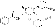 CAS # 850649-62-6, Alogliptin benzoate, 2-[[6-[(3R)-3-Amino-1-piperidinyl]-3,4-dihydro-3-methyl-2,4-dioxo-1(2H)-pyrimidinyl]methyl]benzonitrile benzoate
