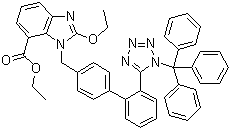 CAS # 856414-35-2, N-Trityl candesartan ethyl ester, 2-Ethoxy-1-[(2'-(1-trityl-1H-tetrazol-5-yl)-1,1'-biphenyl-4-yl)methyl]-7-benzimidazolecarboxylic acid ethyl ester