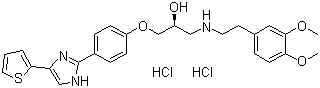 CAS # 85648-09-5, (2S)-1-[[2-(3,4-Dimethoxyphenyl)ethyl]amino]-3-[4-[4-(2-thienyl)-1H-imidazol-2-yl]phenoxy]-2-propanol dihydrochloride, (S)-1-[[2-(3,4-Dimethoxyphenyl)ethyl]amino]-3-[4-[4-(2-thienyl)-1H-imidazol-2-yl]phenoxy]-2-propanol dihydrochloride, L 643717