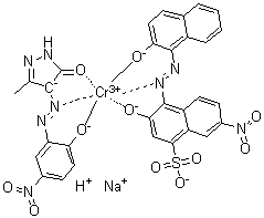 CAS # 85865-89-0, Sodium hydrogen [2,4-dihydro-4-[(2-hydroxy-5-nitrophenyl)azo]-5-methyl-3H-pyrazol-3-onato][3-hydroxy-4-[(2-hydroxy-1-naphthalenyl)azo]-7-nitro-1-naphthalenesulfonato]chromate