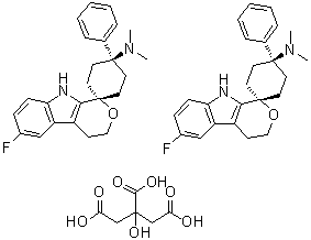 (1alpha,4beta)-6'-Fluoro-4',9'-dihydro-N,N-dimethyl-4-phenyl-spiro[cyclohexane-1,1'(3'H)-pyrano[3,4-b]indol]-4-amine 2-hydroxy-1,2,3-propanetricarboxylate (2:1) molecular structure (CAS 863513-92-2)
