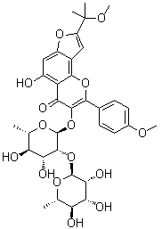 CAS # 864271-19-2, Spinorhamnoside, 3-[[6-Deoxy-2-O-(6-deoxy-alpha-L-mannopyranosyl)-alpha-L-mannopyranosyl]oxy]-5-hydroxy-8-(1-methoxy-1-methylethyl)-2-(4-methoxyphenyl)-4H-furo[2,3-h]-1-benzopyran-4-one