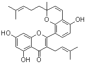 CAS # 86450-77-3, Sanggenone K, (-)-5,7-Dihydroxy-2-[5-hydroxy-2-methyl-2-(4-methyl-3-penten-1-yl)-2H-1-benzopyran-8-yl]-3-(3-methyl-2-buten-1-yl)-4H-1-benzopyran-4-one