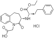 CAS # 86541-74-4, Benazepril hydrochloride, {(3S)-3-[(1S)-1-Ethoxycarbonyl-3-phenylpropylamino]-2,3,4,5-tetrahydro-2-oxo-1H-1-benzazepin-1-yl}acetic acid hydrochloride