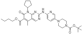 CAS # 866084-31-3, 4-[6-[[6-(1-Butoxyvinyl)-8-cyclopentyl-5-methyl-7-oxo-7,8-dihydropyrido[2,3-d]pyrimidin-2-yl]amino]pyridin-3-yl]piperazine-1-carboxylic acid tert-butyl ester
