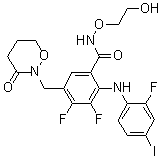 structure of CAS# 874101-00-5, 3,4-Difluoro-2-[(2-fluoro-4-iodophenyl)amino]-N-(2-hydroxyethoxy)-5-[(3-oxo-[1,2]oxazinan-2-yl)methyl]benzamide