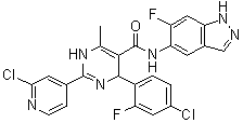structure of CAS# 874119-56-9, 4-(4-Chloro-2-fluorophenyl)-2-(2-chloro-4-pyridinyl)-N-(6-fluoro-1H-indazol-5-yl)-6-methyl-1,4-dihydro-5-pyrimidinecarboxamide