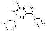 structure of CAS# 891494-63-6, 6-Bromo-3-(1-methyl-1H-pyrazol-4-yl)-5-(3R)-3-piperidinylpyrazolo[1,5-a]pyrimidin-7-amine