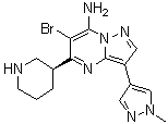 structure of CAS# 891494-64-7, 6-Bromo-3-(1-methyl-1H-pyrazol-4-yl)-5-(3S)-3-piperidinylpyrazolo[1,5-a]pyrimidin-7-amine