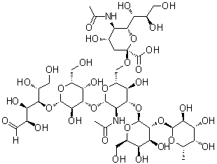 O-(N-Acetyl-alpha-neuraminosyl)-(2→6)-O-[O-6-deoxy-alpha-L-galactopyranosyl-(1→2)-beta-D-galactopyranosyl-(1→3)]-O-2-(acetylamino)-2-deoxy-beta-D-glucopyranosyl-(1→3)-O-beta-D-galactopyranosyl-(1→4)-D-glucose molecular structure (CAS 89458-13-9)