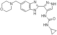 structure of CAS# 896466-04-9, 1-Cyclopropyl-3-(3-(5-(morpholinomethyl)-1H-benzo[d]imidazol-2-yl)-1H-pyrazol-4-yl)urea