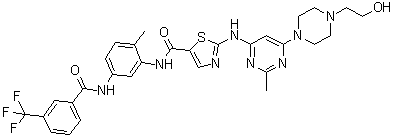 CAS # 903564-48-7, 2-[[6-[4-(2-Hydroxyethyl)-1-piperazinyl]-2-methyl-4-pyrimidinyl]amino]-N-[2-methyl-5-[[3-(trifluoromethyl)benzoyl]amino]phenyl]-5-thiazolecarboxamide