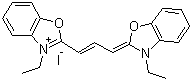 CAS # 905-96-4, 3,3'-Diethyloxacarbocyanine iodide, 3-Ethyl-2-[3-(3-ethyl-3H-benzoxazol-2-ylidene)prop-1-enyl]benzoxazolium iodide