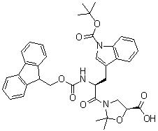 structure of CAS# 908601-15-0, 3-[(2S)-3-[(5S)-5-Carboxy-2,2-dimethyl-3-oxazolidinyl]-2-[[(9H-fluoren-9-ylmethoxy)carbonyl]amino]-3-oxopropyl]-1H-indole-1-carboxylic acid 1-(1,1-dimethylethyl) ester