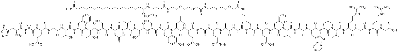 CAS # 910463-68-2, Semaglutide, NN 9535, NNC 0113-0217,18-[[(1R)-4-[2-[2-[2-[2-[2-[2-[[(5S)-5-[[(2S)-2-[[(2S)-2-[[(2S)-5-amino-2-[[2-[[(2S)-2-[[(2S)-2-[[(2S)-2-[[(2S)-2-[[(2S)-2-[[(2S)-2-[[(2S)-2-[[(2S)-2-[[(2S,3R)-2-[[(2S)-2-[[(2S,3R)-2-[[2-[[(2S)-2-[[2-[[(2S)-2-amino-3-(1H-imidazol-5-yl)propanoyl]amino]-2-methylpropanoyl]amino]-4-carboxybutanoyl]amino]acetyl]amino]-3-hydroxybutanoyl]amino]-3-phenylpropanoyl]amino]-3-hydroxybutanoyl]amino]-3-hydroxypropanoyl]amino]-3-carboxypropanoyl]amino]-3-methylbutanoyl]amino]-3-hydroxypropanoyl]amino]-3-hydroxypropanoyl]amino]-3-(4-hydroxyphenyl)propanoyl]amino]-4-methylpentanoyl]amino]-4-carboxybutanoyl]amino]acetyl]amino]-5-oxopentanoyl]amino]propanoyl]amino]propanoyl]amino]-6-[[(2S)-1-[[(2S)-1-[[(2S,3S)-1-[[(2S)-1-[[(2S)-1-[[(2S)-1-[[(2S)-1-[[(2S)-5-carbamimidamido-1-[[2-[[(2S)-5-carbamimidamido-1-(carboxymethylamino)-1-oxopentan-2-yl]amino]-2-oxoethyl]amino]-1-oxopentan-2-yl]amino]-3-methyl-1-oxobutan-2-yl]amino]-4-methyl-1-oxopentan-2-yl]amino]-3-(1H-indol-3-yl)-1-oxopropan-2-yl]amino]-1-oxopropan-2-yl]amino]-3-methyl-1-oxopentan-2-yl]amino]-1-oxo-3-phenylpropan-2-yl]amino]-4-carboxy-1-oxobutan-2-yl]amino]-6-oxohexyl]amino]-2-oxoethoxy]ethoxy]ethylamino]-2-oxoethoxy]ethoxy]ethylamino]-1-carboxy-4-oxobutyl]amino]-18-oxooctadecanoic acid