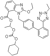 CAS # 914613-36-8, 2H-2-Ethyl Candesartan Cilexetil, 2-Ethoxy-1-[[2'-(2-ethyl-2H-tetrazol-5-yl)[1,1'-biphenyl]-4-yl]methyl]- 1H-Benzimidazole-7-carboxylic acid 1-[[(cyclohexyloxy)carbonyl]oxy]ethyl ester