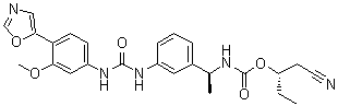 CAS # 915951-68-7 (501345-02-4), N-[(1S)-1-[3-[[[[3-Methoxy-4-(5-oxazolyl)phenyl]amino]carbonyl]amino]phenyl]ethyl]carbamic acid (1S)-1-(cyanomethyl)propyl ester, VX 944