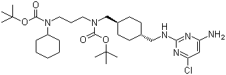 structure of CAS# 917022-13-0, N-[[trans-4-[[(4-Amino-6-chloro-2-pyrimidinyl)amino]methyl]cyclohexyl]methyl]-N-[3-[cyclohexyl[(1,1-dimethylethoxy)carbonyl]amino]propyl]carbamic acid 1,1-dimethylethyl ester
