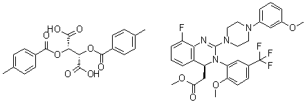 CAS # 917389-30-1, (2S,3S)-2,3-Bis[(4-methylbenzoyl)oxy]butanedioic acid, compd. with methyl (4S)-8-fluoro-3,4-dihydro-2-[4-(3-methoxyphenyl)-1-piperazinyl]-3-[2-methoxy-5-(trifluoromethyl)phenyl]-4-quinazolineacetate (1:1)