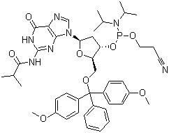 structure of CAS# 93183-15-4, 5'-O-(4,4-Dimethoxytrityl)-N-isobutyryl-2'-deoxyguanosine-3'-(2-cyanoethyl-N,N-diisopropyl)phosphoramidite