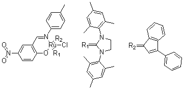 structure of CAS# 934538-04-2, [1,3-双(2,4,6-三甲基苯基)-2-咪唑烷亚基][2-[[(4-甲基苯基)亚氨基]甲基]-4-硝基苯酚](3-苯基-1H-茚-1-亚基)氯化钌