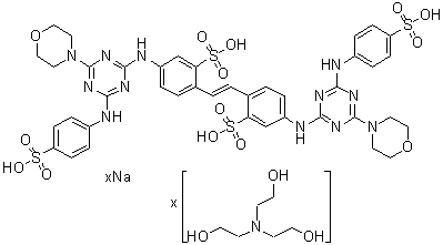 CAS 登录号：93917-97-6, 2,2'-(1,2-乙烯二基)二[5-[[4-(4-吗啉基)-6-[(4-磺基苯基)氨基]-1,3,5-三嗪-2-基]氨基]苯磺酸钠盐三乙醇胺盐