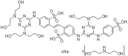 CAS 登录号：93965-03-8, 5-[[4,6-二[二(2-羟基乙基)氨基]-1,3,5-三嗪-2-基]氨基]-2-[2-[4-[[4-[二(2-羟基乙基)氨基]-6-[(4-磺基苯基)氨基]-1,3,5-三嗪-2-基]氨基]-2-磺基苯基]乙烯基]苯磺酸钠盐二乙醇胺盐