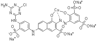 CAS 登录号：93981-05-6, [5-[[6-[[4-[(4-氨基-6-氯-1,3,5-三嗪-2-基)氨基]-3-磺基苯基]氨基]-1-羟基-3-磺基-2-萘基]偶氮]-4-羟基-1,3-苯二磺酸基]铜酸四钠盐