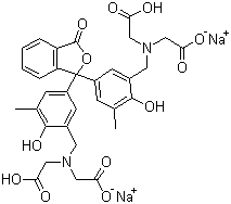 CAS # 94442-10-1, o-Cresolphthalein complexone disodium salt, Disodium dihydrogen N,N'-[(3-oxo-(3H)-isobenzofuran-1-ylidene)bis[(6-hydroxy-5-methyl-3,1-phenylene)methylene]]bis[N-(carboxylatomethyl)glycinate]