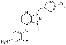 CAS # 949556-71-2, 4-[[1-(4-Methoxybenzyl)-3-iodo-1H-pyrazolo[3,4-b]pyridin-4-yl]oxy]-3-fluorobenzenamine, 3-Fluoro-4-[[3-iodo-1-[(4-methoxyphenyl)methyl]-1H-pyrazolo[3,4-b]pyridin-4-yl]oxy]benzenamine