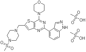 CAS 登录号：957054-33-0, 2-(1H-吲唑-4-基)-6-[[4-(甲基磺酰基)-1-哌嗪基]甲基]-4-(4-吗啉基)噻吩并[3,2-d]嘧啶二甲磺酸盐