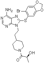 structure of CAS# 958025-66-6, (2S)-1-[4-[2-[6-Amino-8-[(6-bromo-1,3-benzodioxol-5-yl)thio]-9H-purin-9-yl]ethyl]-1-piperidinyl]-2-hydroxy-1-propanone