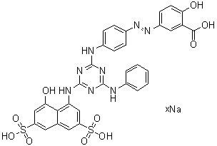 CAS 登录号：95873-70-4, 2-羟基-5-[[4-[[4-[(8-羟基-3,6-二磺基-1-萘基)氨基]-6-(苯基氨基)-1,3,5-三嗪-2-基]氨基]苯基]偶氮]苯甲酸钠盐