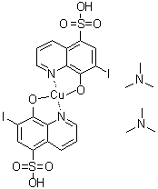 CAS 登录号：95873-71-5, 二[8-羟基-7-碘-5-喹啉磺酸基(2-)-N1,O8]-二氢铜酸与N,N-二甲基甲胺的化合物(1:2)